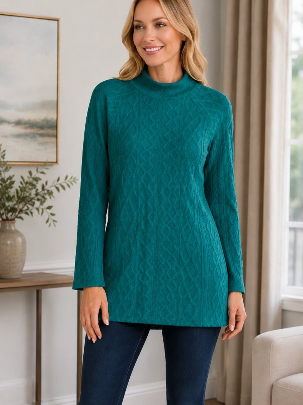 T by Talbots NWT S Teal Mock Neck Textured Knit Long Sleeve Longline Sweater Top